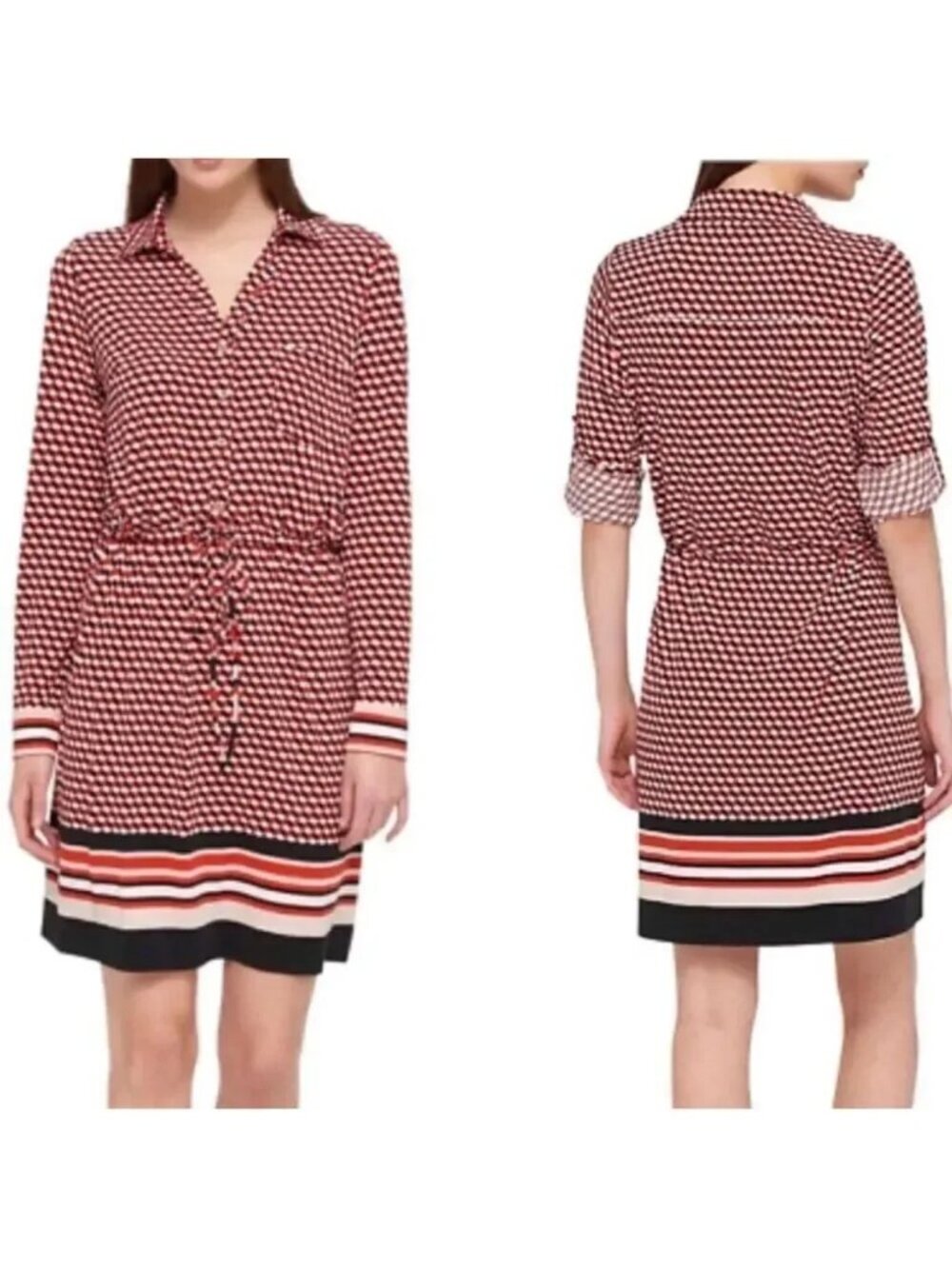 Women's Tommy Hilfiger Geometric Cube Print Shirt Dress Red Navy Size 12